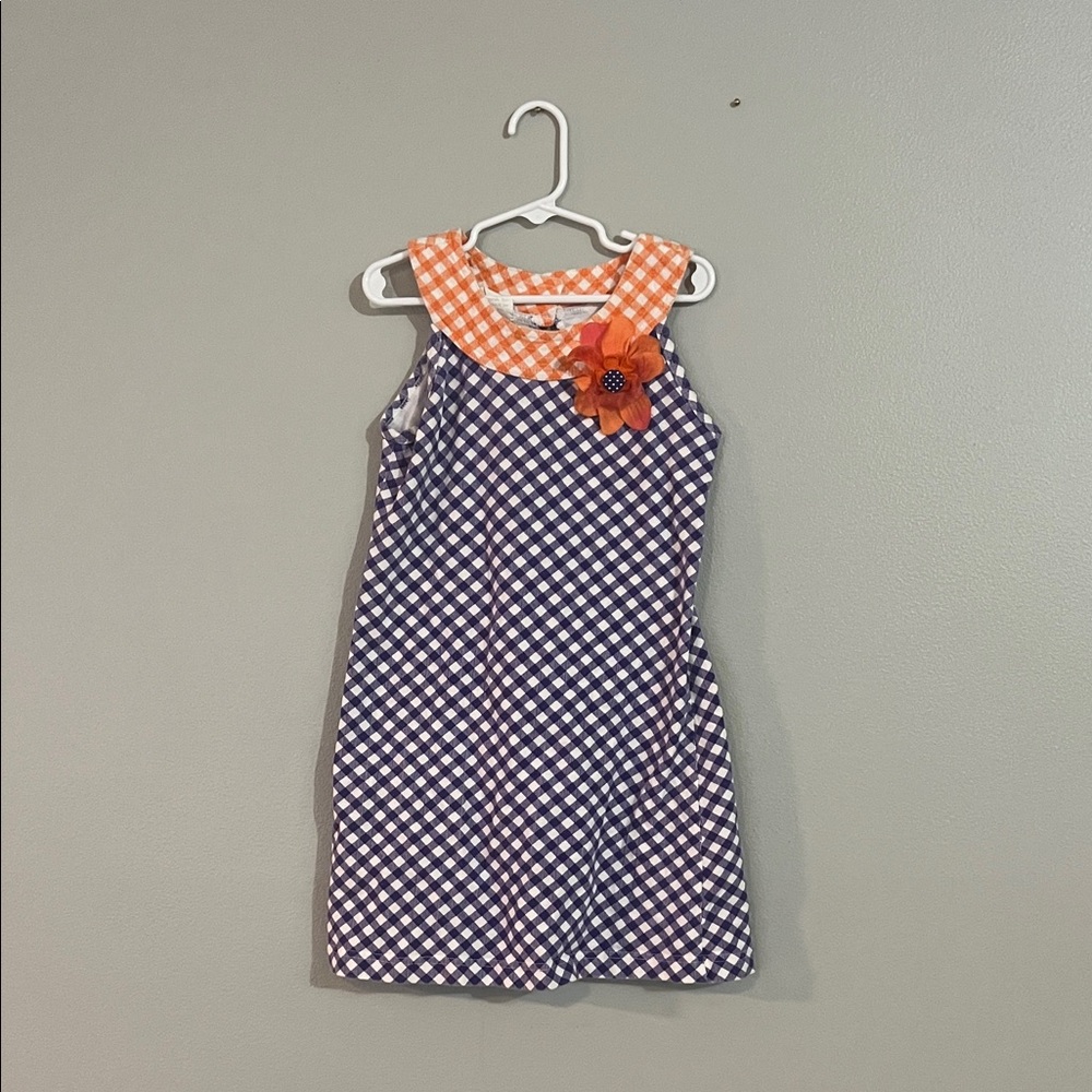 Vibrant Kids Dress with Orange and Blue Checkered Design